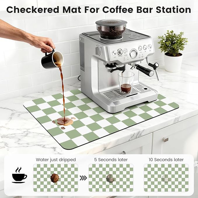16" x 24" Checkered Dish Drying Mat for Kitchen Counter, Absorbent Coffee Bar Mat for Espresso Machine Coffee Countertops Accessories (Green)