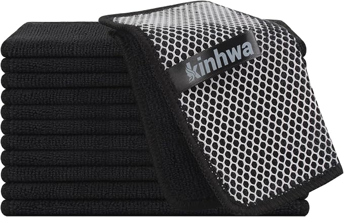 KinHwa Kitchen Washcloths for Dishes Absorbent Microfiber Dish Cloths Quick Dry Dish Rags with Poly Scour Scrub Side Ideal for Kitchen Cleaning (Black, 7inchx7inch 12 Pack)