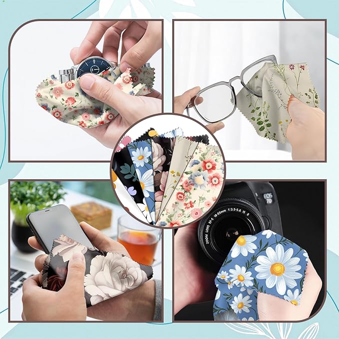 6 PCS Glasses Cleaning Cloth Eyeglass Lens Microfiber Cleaning Cloth Reusable Phone Screens Camera Cute Aesthetic Women Girls(6.3"x6.3")-Flowers
