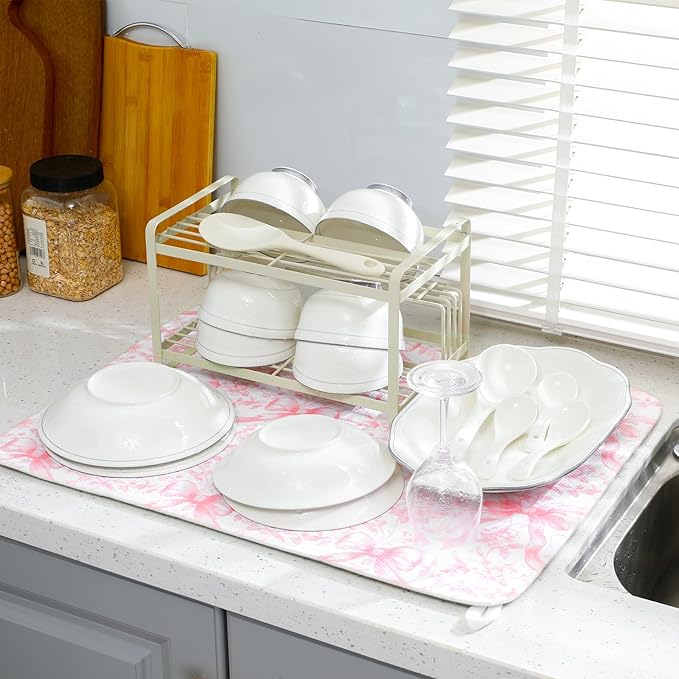 2 Pcs Large Coquette Pink Bow Dish Drying Mat Large for Kitchen, 18 X 24 Inch Bow Absorbent Microfiber Coffee Bar Pad for Women Counter Kitchen Home Accessories Party Gifts