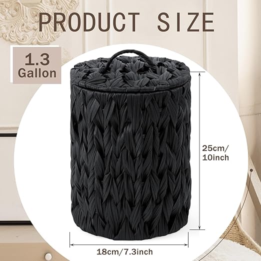 Ctosree 1.3 Gallons Small Trash Can with Lid Handle Boho Woven Braided Bathroom Waste Basket Trash Can with 100 Garbage Bags for Bedroom Office Laundry(Black,Braided Polypropylene,Round)