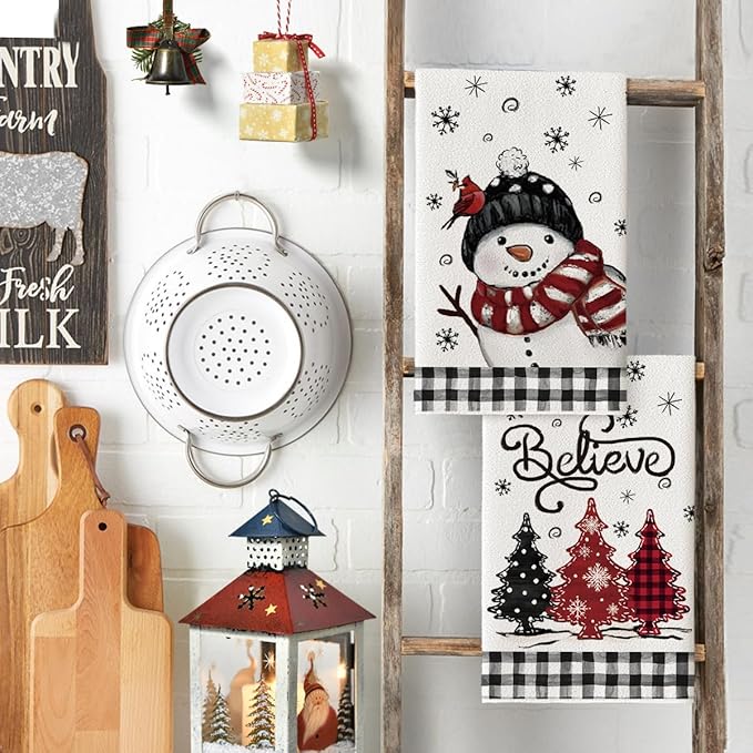 Artoid Mode Black Red Xmas Tree Snowman Christmas Kitchen Towels Dish Towels, 18x26 Inch Holiday Bird Believe Winter Decoration Hand Towels Set of 2