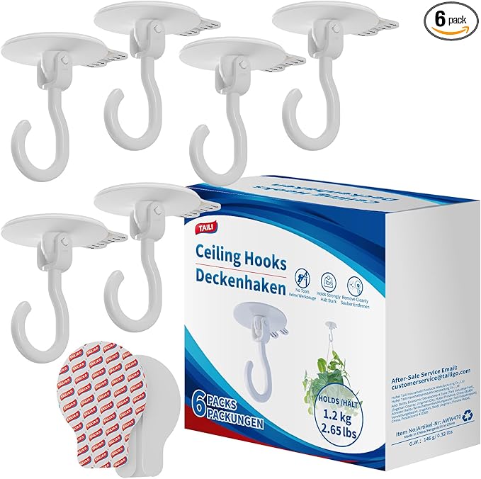 TAILI Adhesive Ceiling Hooks for Hanging Plants, Heavy Duty No-Drill Removable Sticky Wall Hooks Hanging Christmas Lights Garland Coat for Door Kitchen, Renter Friendly - 6 Pack White