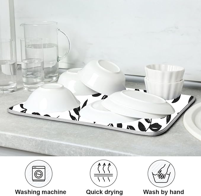 Eucalyptus Leaves Dish Drying Mat for Kitchen Countertop 16x18 Black White Floral Leaf Small Drying Mat Reusable Quick Dry Dish Sink Absorbent Mats Dishwasher Easy Clean Decorative Home Essentials