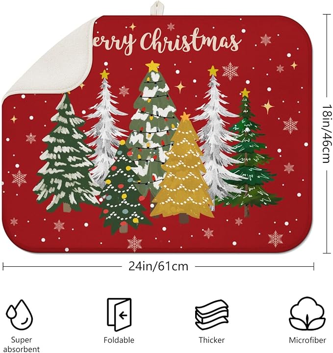 Christmas Kitchen Countertop Dish Drying Mat, Red Christmas Tree Snowflake Pattern Microfiber Kitchen Drying Mat, Washable Absorbent Countertop Xmas Winter Holiday Dish Mat Drainer,18x24Inch