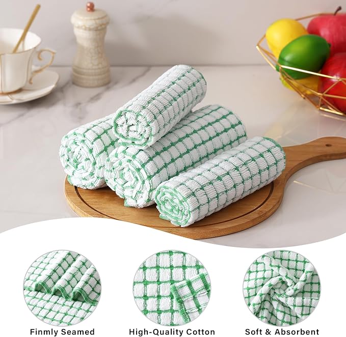 Homaxy Kitchen Towels and Dishcloths Set, 16 x 25 and 12 x 12 Inches, Set of 8 Cotton Terry Kitchen Dish Towels, Super Soft and Absorbent Dish Cloths, Green