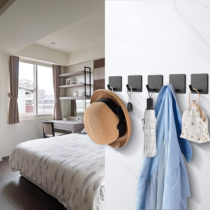 NearMoon Adhesive Hooks- Heavy Duty Bath Wall Hooks Waterproof Stainless Steel Towel Hangers Stick on Wall Clothes Holders for Bathroom Kitchen Home, 5 Pack (Matte Black)