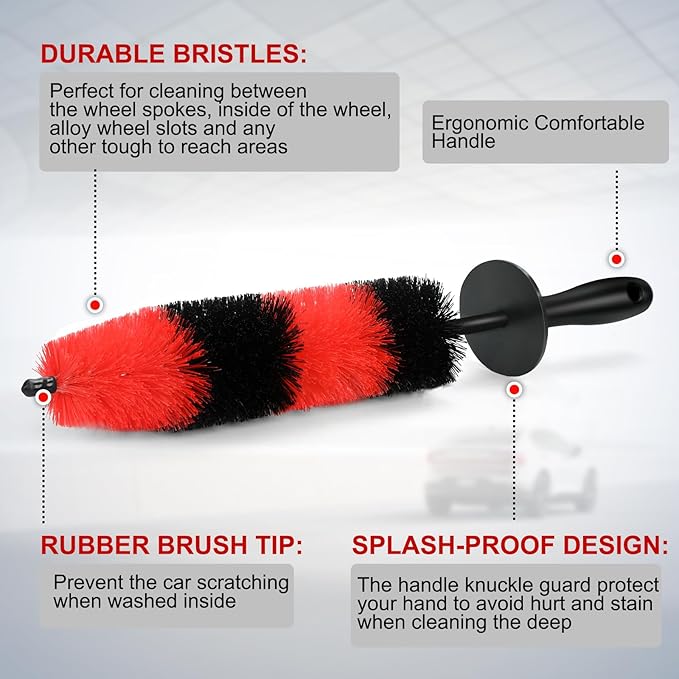 Wheel Rim Brush, Soft Bristle Long Car Tire Detailing Washing Tool for Exhaust Tips Engine, Vehicle Motorcycles Auto Truck SUV RV, No Scratches