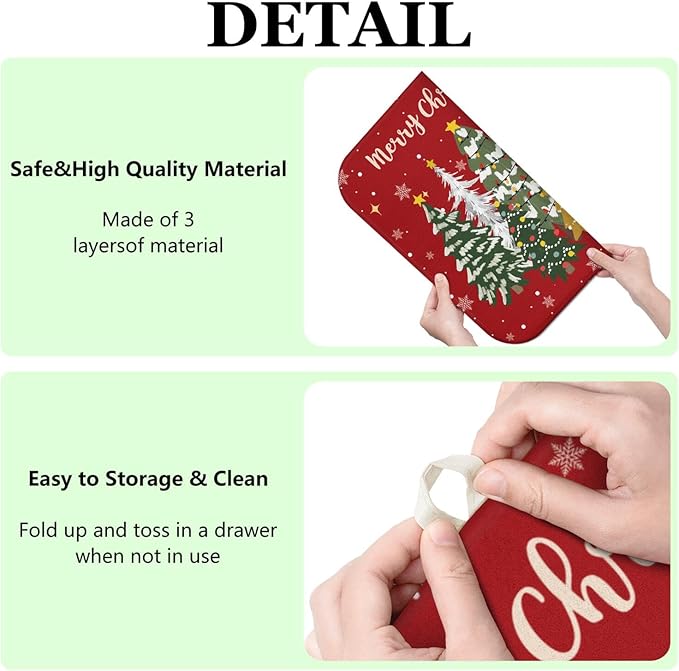 Christmas Kitchen Countertop Dish Drying Mat,Red Christmas Tree Snowflake Pattern Microfiber Kitchen Drying Mat, Washable Absorbent Countertop Xmas Winter Holiday Dish Mat Drainer,16x18In