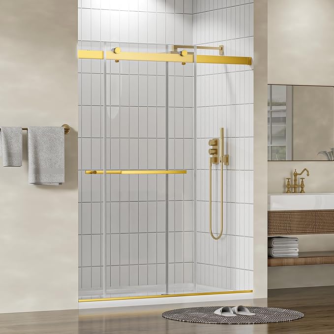 56"-60" W x 75" H Frameless Shower Door, Double Sliding Shower Door,5/16"(8mm) Clear Tempered Glass,Silent Soft-Close Design,Brushed Gold