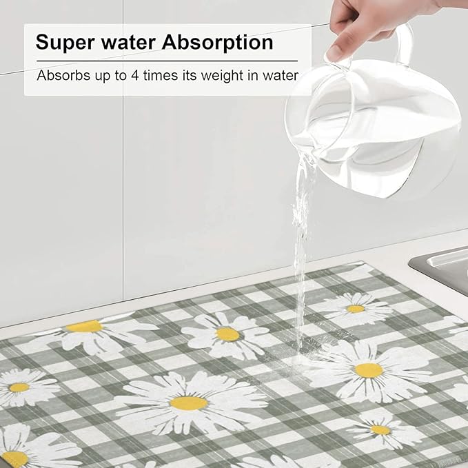 Daisy Dish Drying Mat For Kitchen Counter Absorbent Large Kitchen Fast Dry Pad Reusable Washable Protector Rack Large Mat 18 X 24