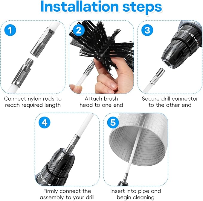 Chimney Sweep Pro Kit, 30ft Interlocking Rods with 6” Dual Brush Heads, Efficient Dryer Vent and Air Duct Cleaner, Reusable Fireplace Maintenance System