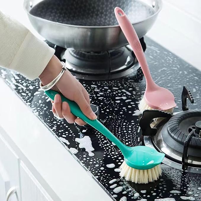 2 Pack Kitchen Dish Brush with Handle – Long Handle Scrubber with Tough Bristles, Pink