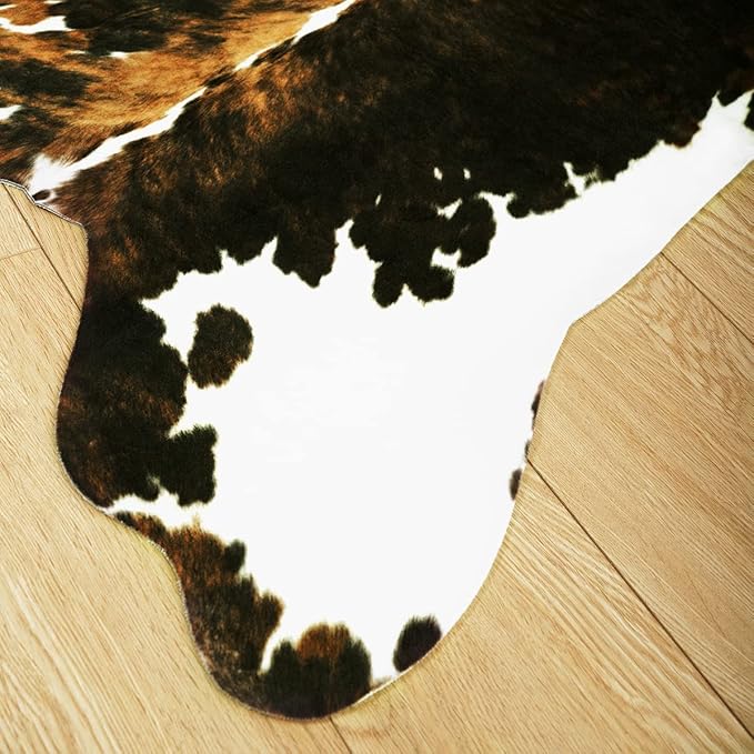 Amearea Faux Cow Hide Rug Large 6.2x5.2 Feet, Premium Western Home Decor Cow Print Rugs for Living Room, Faux Leather Animal Cowhide Bedroom Carpet, Dining Traditional Cow Pattern Stuff Carpets, Brown