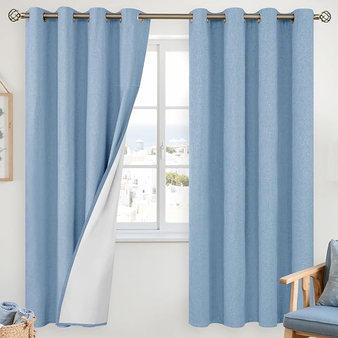 YoungsTex Denim Blue Linen Blackout Curtains 72 Inches Long for Bedroom, Coastal Room Darkening Thermal Insulated Drapes with Grommet for Living Room Office, 2 Panels, 52 X 72 Inch