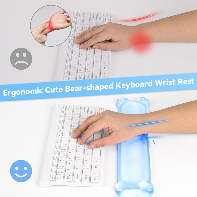 Clear Gel Keyboard Wrist Rest, Bear-Shape Wrist Rest, Ergonomic Wrist Rest for Computer Keyboard 60%/75% (Blue)