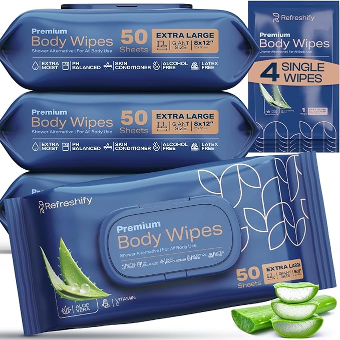XL Aloe Vera Shower Body Wipes for Adults 8" x 12" (200 count) Adult Wipes for Elderly, Shower Body for Adults Bathing No Rinse, Vitamin E +4 Travel