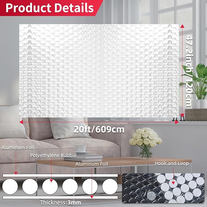 47.2 in X 20ft Reflective Bubble Insulation Aluminum Foil Sheets, Bubble Wrap for Packing Attic Door Insulation Cover, Window Tint for Home Heat Blocking, Window Film, Garage Door Screen，3mm