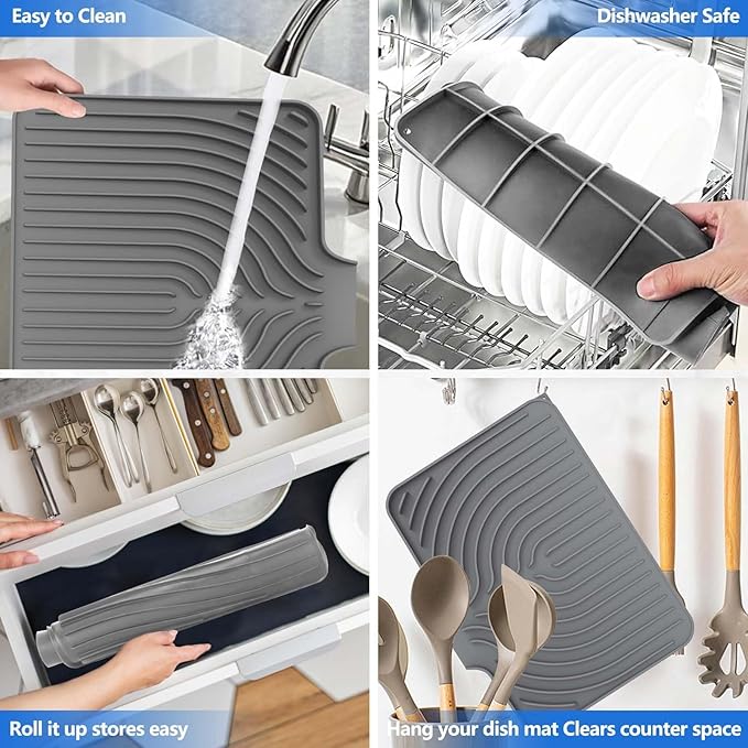 Compact Dish Drying Mat (14.7" x 10.2") - Small Silicone Drainer Mat with Spout for RV, Apartment, Kitchenette & Bar Counters, Heat Resistant