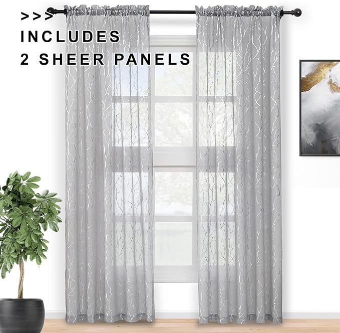 FINECITY Silver Sheer Curtains 45 Inch Length - Printed Metallic Silver Tree Branch Curtains for Kitchen Window Rod Pocket Privacy Voile Drapes, 52 x 45 Inch, 2 Panels, Gray
