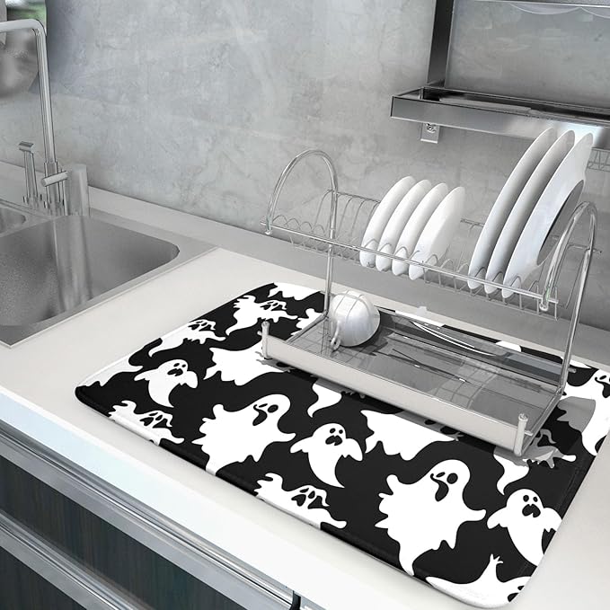 Halloween Bat Ghosts Dish Drying Mat for Kitchen Counter,Halloween Spooky Ghost Black and White Drying Mat 18 x 24 Inch Microfiber Dish Drying Pad Dish Rack Pad Drainer Mat for Coffee Bar