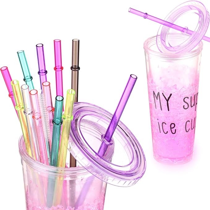DAKOUFISH 10 Inch Reusable Plastic Replacement Drinking Straws for 16 oz & 24 oz Mason Jar Tumblers,Set of 12 Pcs Straws with Cleaning Brush (10inch, 7color)