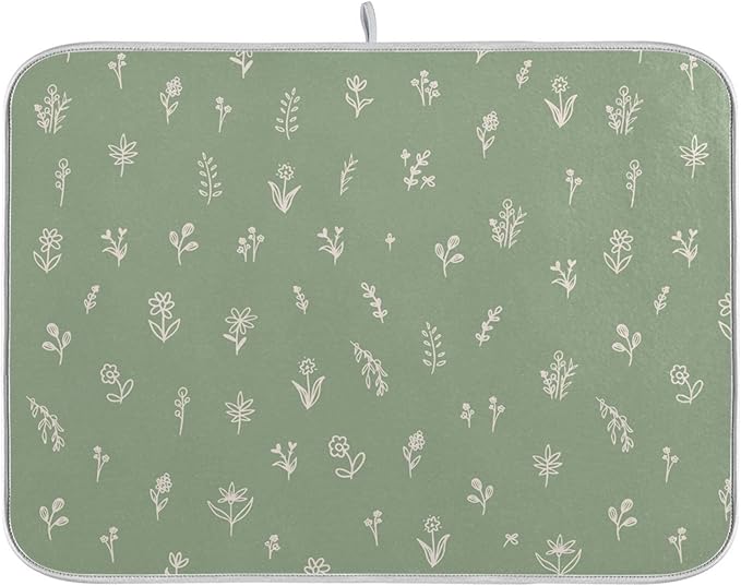 Sage Green Dish Drying Mat Quick Absorbent 16x18 Doodled Botany Flowers Leaves Herbs Plants Kitchen Drying Mat for Countertop Sink Reusable Dishes Mats Kitchen Essentials
