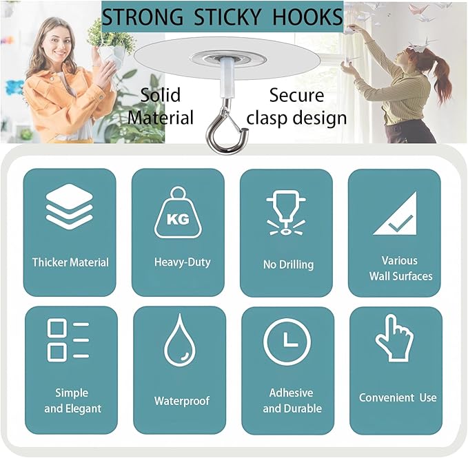No Drilling No Hole Adhesive Hooks for Popcorn Ceiling, Easy Hanging Smooth or Unsmooth Tile Concrete Glass Wood Wall Ceiling Surface