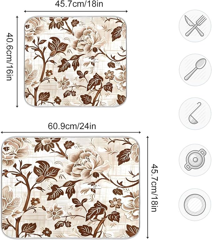 Brown Beige Floral Leaves Dish Drying Mat for Kitchen Counter Absorbent Microfiber Drying Pad, Medium 16x18 in