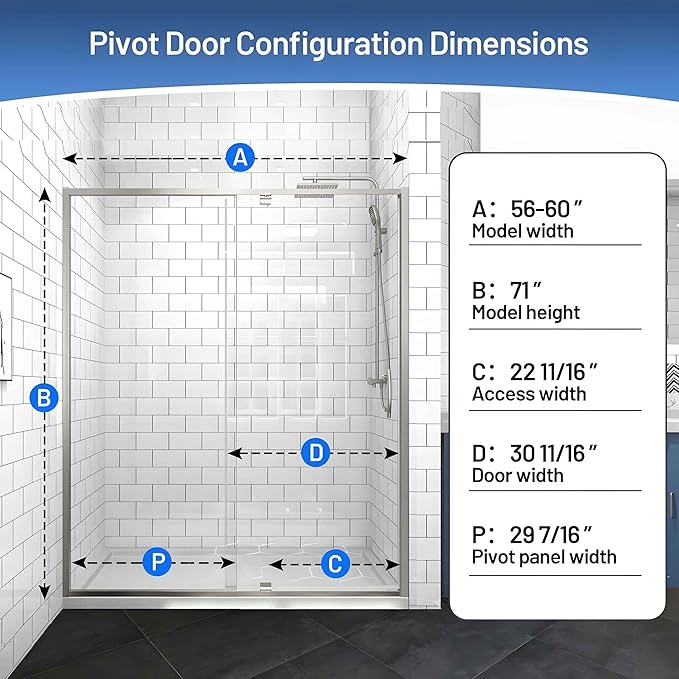 56-60" W x 71" H Pivot Glass Shower Door,1/4"(6mm) Thick Clear SGCC Tempered Shower Glass Door,Brushed Nickel Shower Door,Reversible Installation