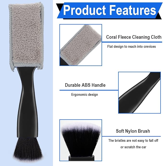 Double Head Brush for Car Clean, 2 in 1 Car Detailing Brush, Double Ended Portable Dust Brush with 2 Cleaning Cloth, Universal Dust Removal Brush for Air Conditioner Outlets, Dashboard Screen (Black)