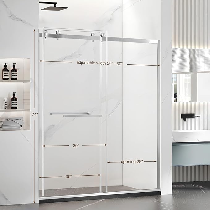 Paris Shower Door,60" W x 74" H Double Sliding Shower Door with 5/16"(8mm) Clear SGCC Tempered Glass,Bathroom Shower Door,Brushed Nickel