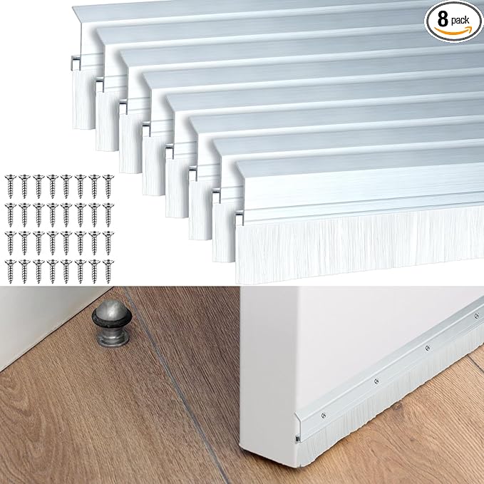 Hushee 8 Pcs 36 Inches Brush Door Sweep for Exterior, Aluminum Commercial Door Sweep Bottom All-Season Alloy Brush for Exterior and Interior Sealing Gaps Keeps Cold Air, Dust Out (White)