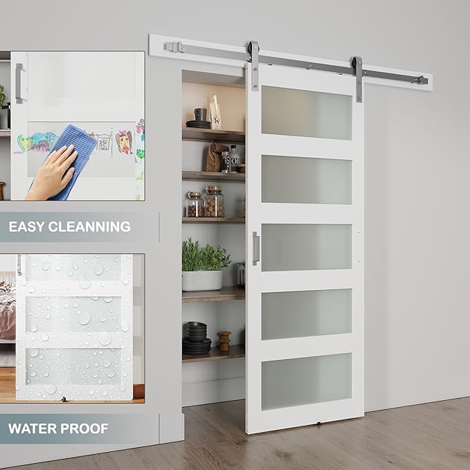 32'' x 84'' Glass Barn Door and 6 Ft Brushed Nickel Hardware Kit Included, MDF White Barn Door Slab with Frosted Glass, PVC Surface, Combined with Handle and Floor Guide-Assembly Required