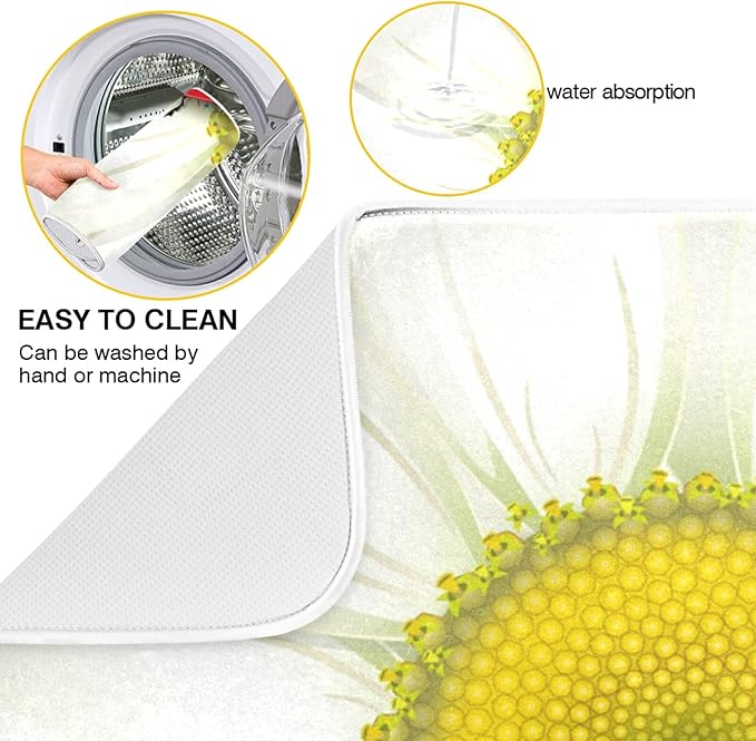 Tarity White Daisy Dish Drying Mat for Kitchen Counter Absorbent Heat Resistant Microfiber Dishes Drainer Mat 18x24 in Dish Pad Sink Mat Protective Pad Kitchen Decor