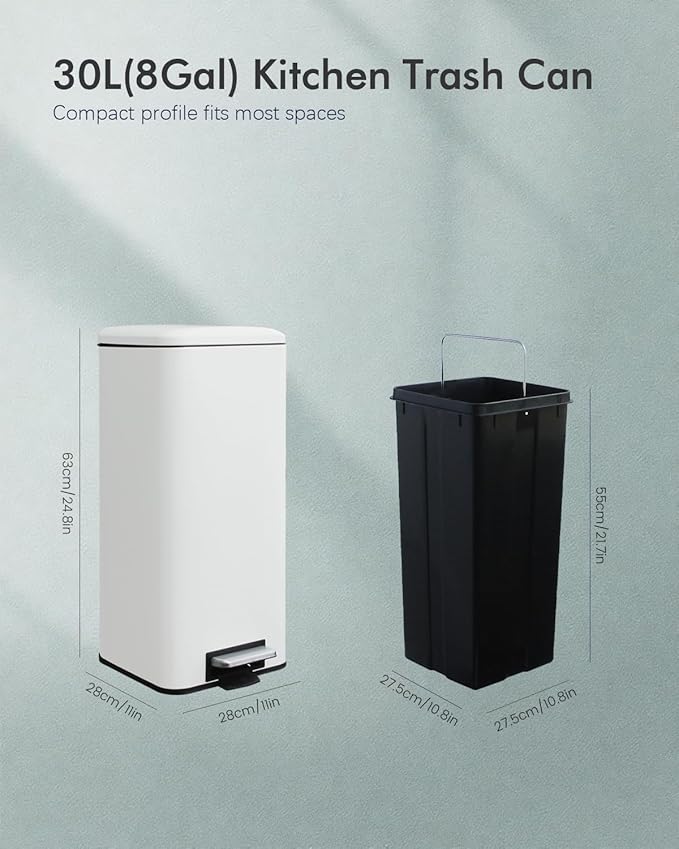 8 Gallon Trash Can with Lid, White Kitchen Trash Can with Soft Close, Inner Bucket & Steel Pedal, Stainless Steel Garbage Can for Kitchen, Laundry Room, Office, Bathroom, Dorm, 30 Liters
