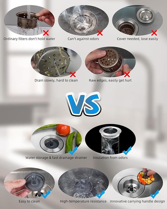 Hibbent 2 Pack 3 in 1 Kitchen Sink Drain Strainer and Stopper Combo, Stainless Steel Metal Pop Up Sink Stopper with Foldable Handle, 6 Anti-Clogging Baskets, Fit for US Standard 3-1/2 Inch Drain