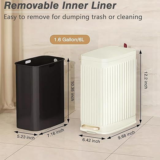 Small Bathroom Trash Can with Air Freshener Soft Close Lid, 6 Liter/ 1.6 Gallon Stainless Steel Garbage Can with Removable Inner Bucket,Step Pedal, Slim Wastebasket for Bedroom, Toilet (Ivory White)