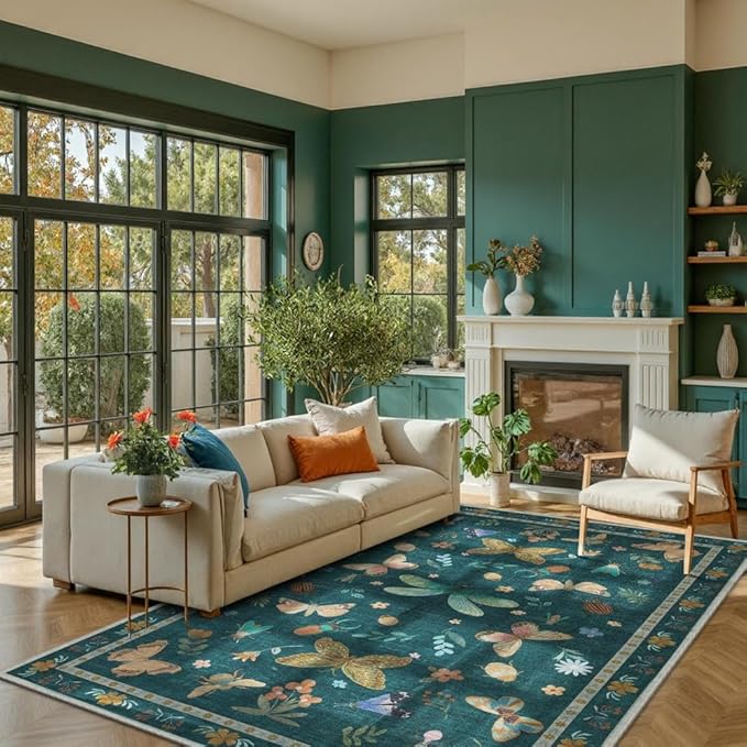 5x7 Washable Area Rugs for Bedroom & Living Room - Insect Rug,Floral Colorful Boho Vintage Rug,Soft & Non-Slip,Low Pile Wool Carpet for Indoor Dining Room,Girls Room,Nursery Room and Kids Room(Teal)