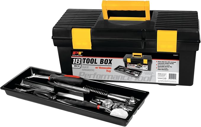 Performance Tool W54017 18-Inch Plastic Box with Handle, Tool Organizer Storage Box, Removable Inner Tray, Lightwieght & Easy to Carry