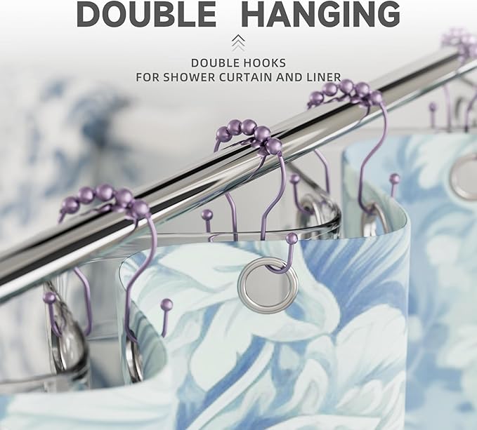 Shower Curtain Hooks, Shower Curtain Rings Rust Proof Double Hook Shower Curtain Hooks, 12 Pcs Purple Shower Hooks for Shower Curtain, Shower Rings for Curtain, Metal Shower Rod Hooks