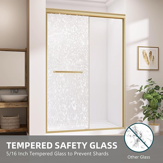 GETPRO Shower Door 44-48 in. W x 75 in. H Semi-Frameless Double Sliding Glass Shower Doors, Bypass Glass Door for Walk-in Shower with 5/16 inch Tempered Glass Brushed Gold