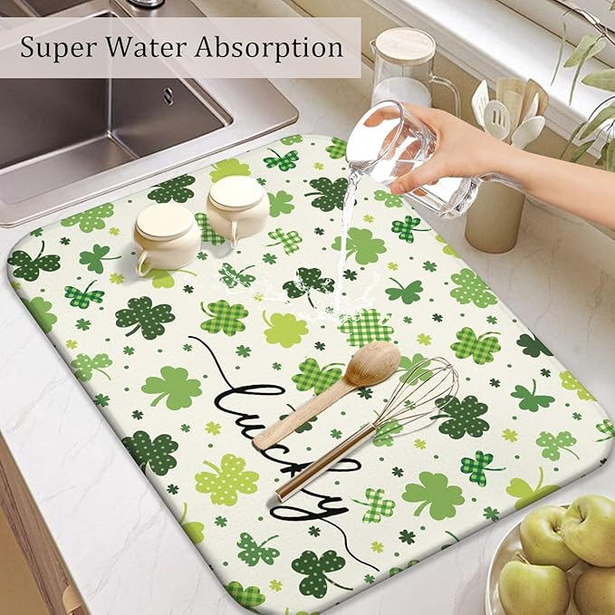 St. Patrick's Day Dish Drying Mat for Kitchen Counter, Green Four-Leaf Clover Microfiber Drain Mat, Shamrock Rug, Washable and Absorbent,18 x 24Inch