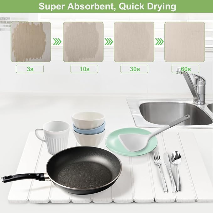 Upgraded Stone Dish Drying Mat Quick Dry Leakproof, 24x16 Large Drying Matt Kitchen Counter Decor, Collapsible Dish Mat Drying Kitchen Mat, Diatomaceous Earth Stone Bath Mat for Bathroom RV Essentials