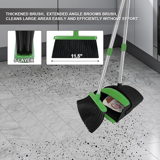 Green Broom with Dustpan Combo Set, 51" Long Handle Household Kit for Home for Pet Hair