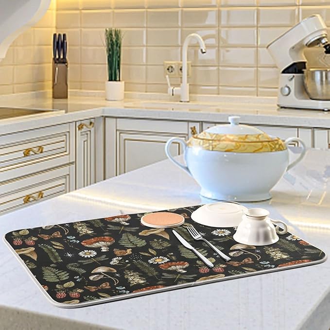 Mushroom Fern Leaves Berry Dish Drying Mat for Kitchen Counter Vintage Botanical Nature Drying Mats Super Absorbent Reversible Microfiber Kitchen Countertop Protector Dishes Pad Large18x24 inch