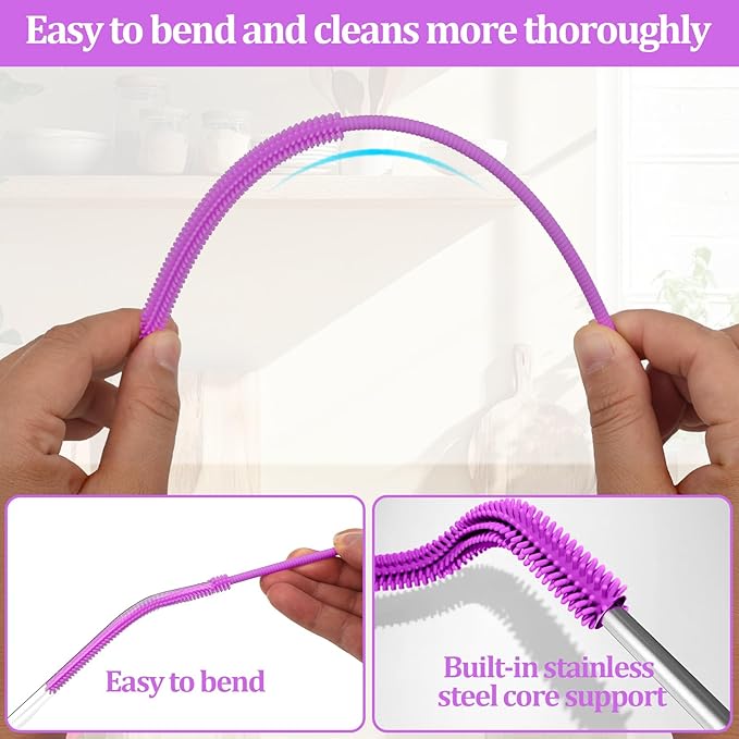 Silicone Straw Cleaner Brush, 2Pcs Straw Cleaner Brush Extra Long, Straw Brush Bristles Cleaner Brush for Cleaning Stanley, Metal Glass Straws, Drink Lid (Purple)