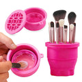 Makeup Brushes Cleaner Mat with Brush Storage Holder, Folding Portable Washing Tool for Makeup Brush Cleaning, 2 In 1 Silicone Brush Cleaner Pad & Cosmetic Brush Organizer Rack (Hot Pink)