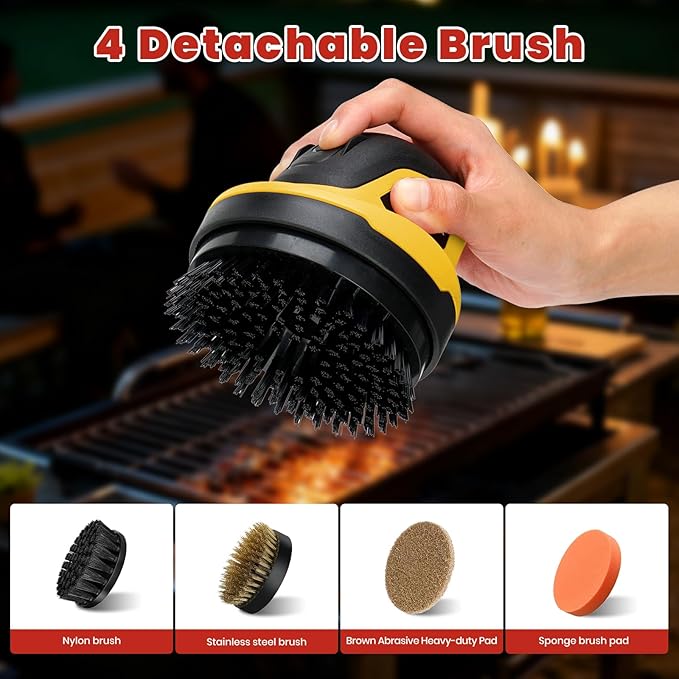 Electric Grill Brush- Waterproof Cordless Rotary Cleaning Brush with 4 Heads for Outdorr Grill,Car,Bathroom