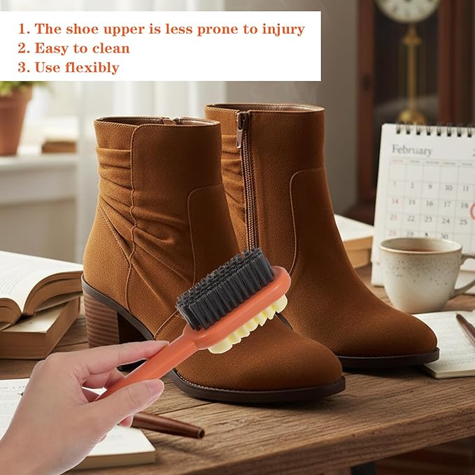 2 in 1 Multifunctional Shoe Brushes, Orange Long Handle Shoe Cleaning Tools Supplies Soft Plastic Bristles 360° Thorough Cleaning for Suede & Nubuck Cleaning
